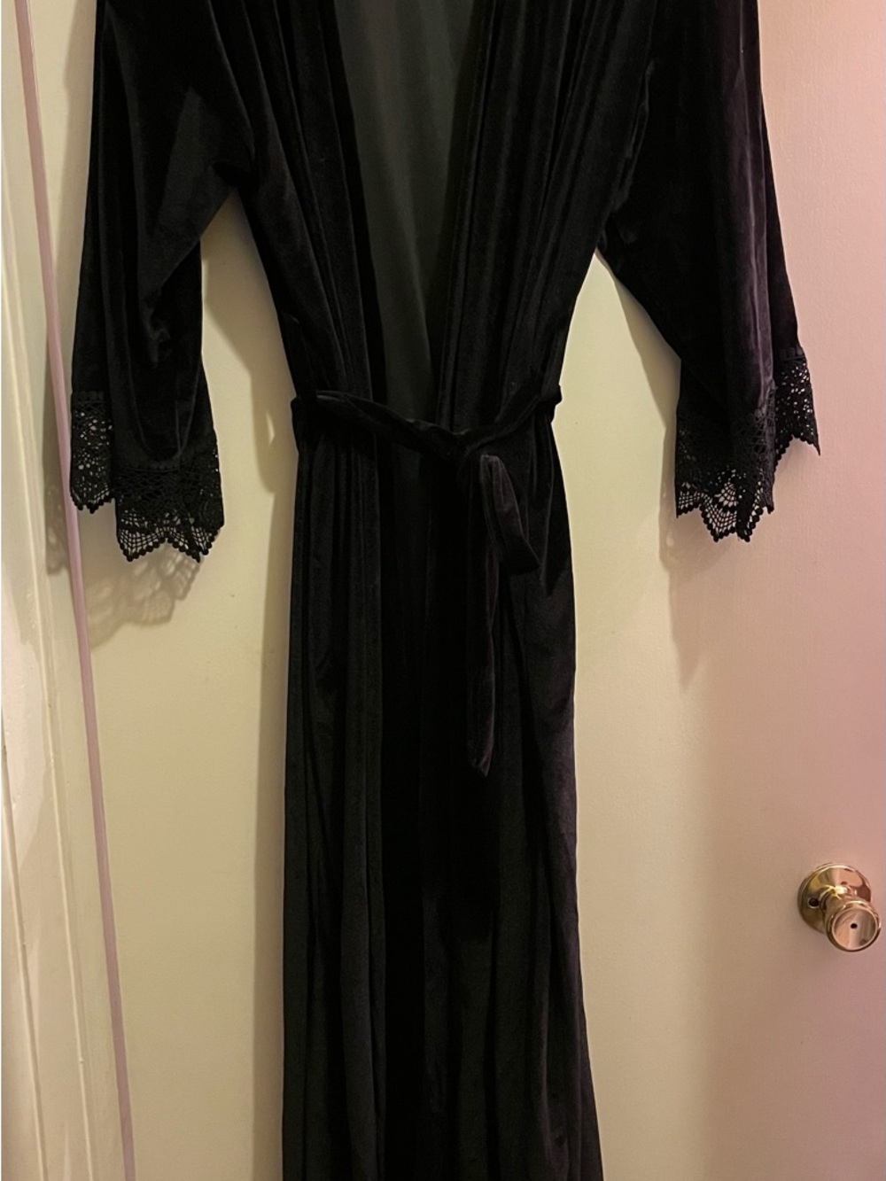 Black Velvet Long Robe with Lace Trim